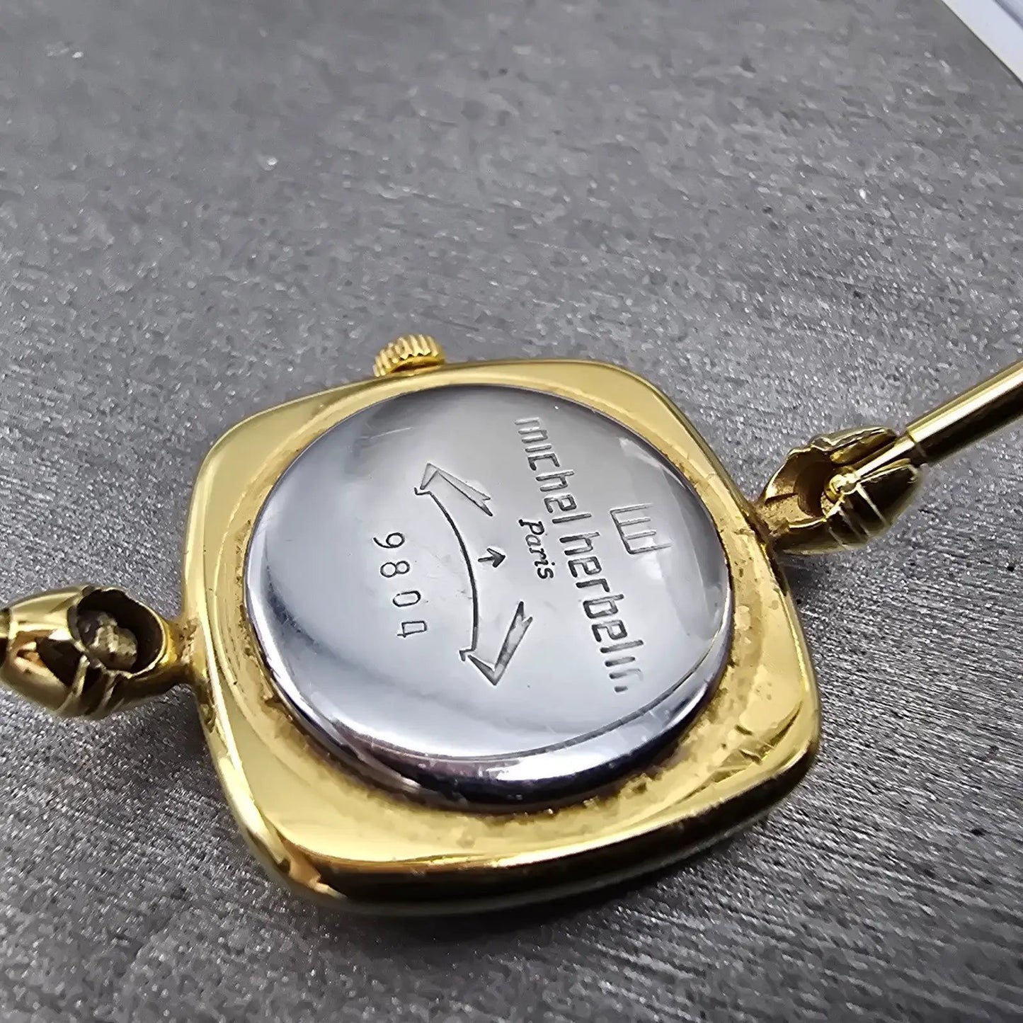 Michel Herbeln Watch Women 24mm Black Dial Gold Tone Square 9804 Vintage PARTS10