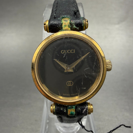 Gucci 2000L Watch Women 21mm Black Dial Black & Gold Tone Round PARTS Vintage AD0