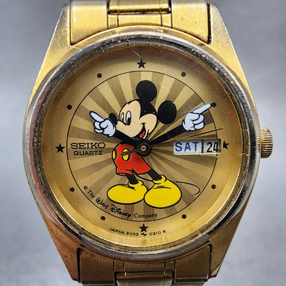 Seiko Watch Women 24mm Gold Mickey Dial Gold Tone Daydate 3y030039 New Battery1