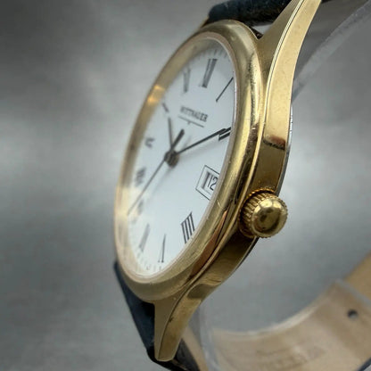 Wittnauer Watch Men 33mm White Dial Gold Tone Round Date Roman Numerals New Batt2
