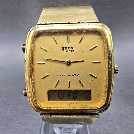 Seiko Analog Digital Watch Men 30mm Champagne Dial Gold Tone H448-5080 PARTS0