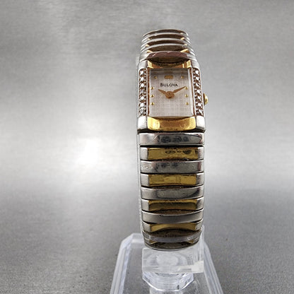 Bulova Tank Watch Women 15mm Silver Dial Two Tone 98F67 New Battery5