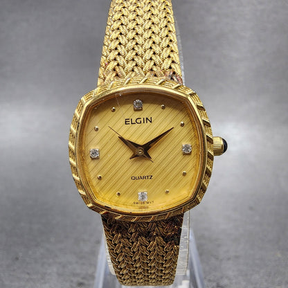 Elgin Watch Women 22mm Gold Dial Gold Tone Rectangle FK267 New Battery VTG0