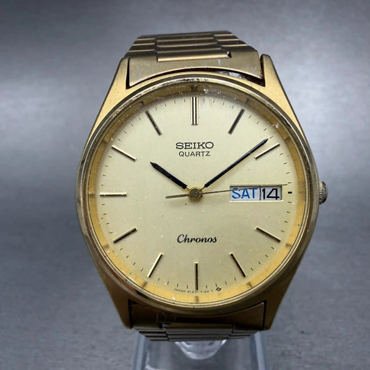 Seiko Chronos Watch Men 33mm Champagne Dial Gold Tone Daydate 8123-7080 PARTS0