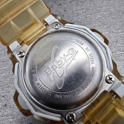 Casio Baby-G BG-169A Watch Women 43mm Silver Dial Yellow Chrono Alarm New Batt L10