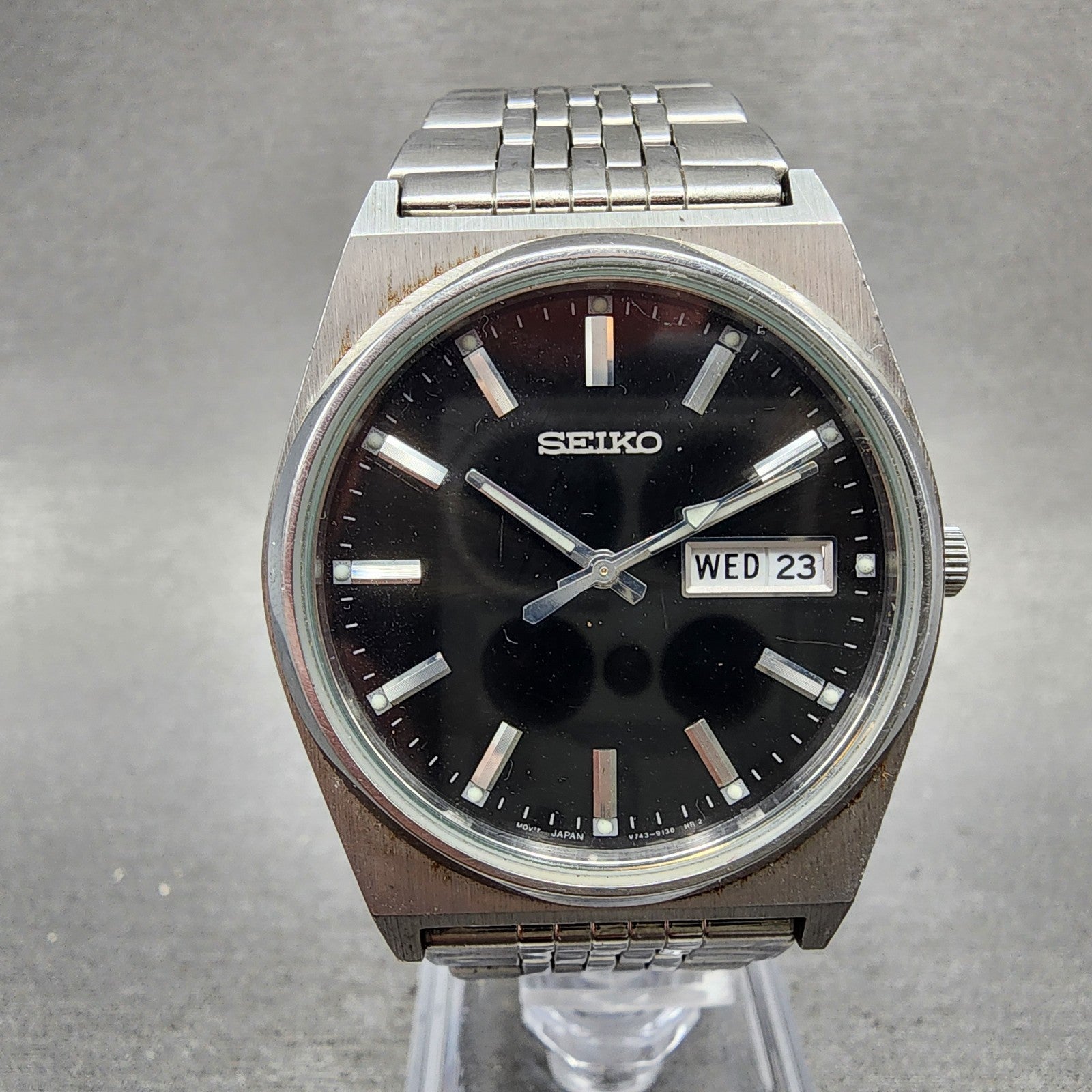 Seiko Watch Men 35mm Black Dial Silver Tone Daydate V743 New Battery READ!!!!!!!0