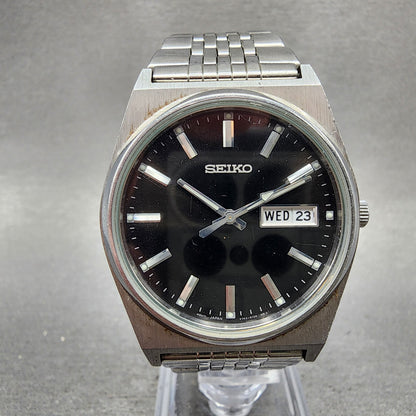 Seiko Watch Men 35mm Black Dial Silver Tone Daydate V743 New Battery READ!!!!!!!0