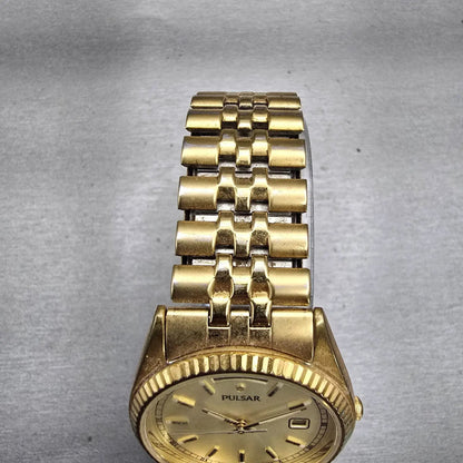 Seiko Pulsar Watch Men 35mm Champagne Dial Gold Tone Daydate V744-X004 New Batt4