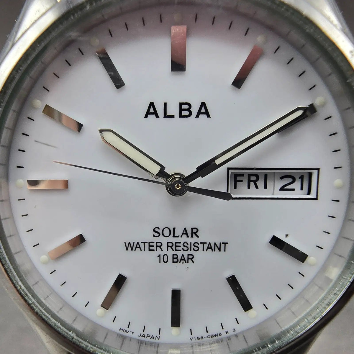 Seiko Alba Solar Watch Men 36mm White Dial Silver Daydate V158-0AX0 Runs JDM1