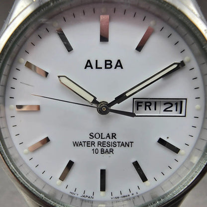 Seiko Alba Solar Watch Men 36mm White Dial Silver Daydate V158-0AX0 Runs JDM1