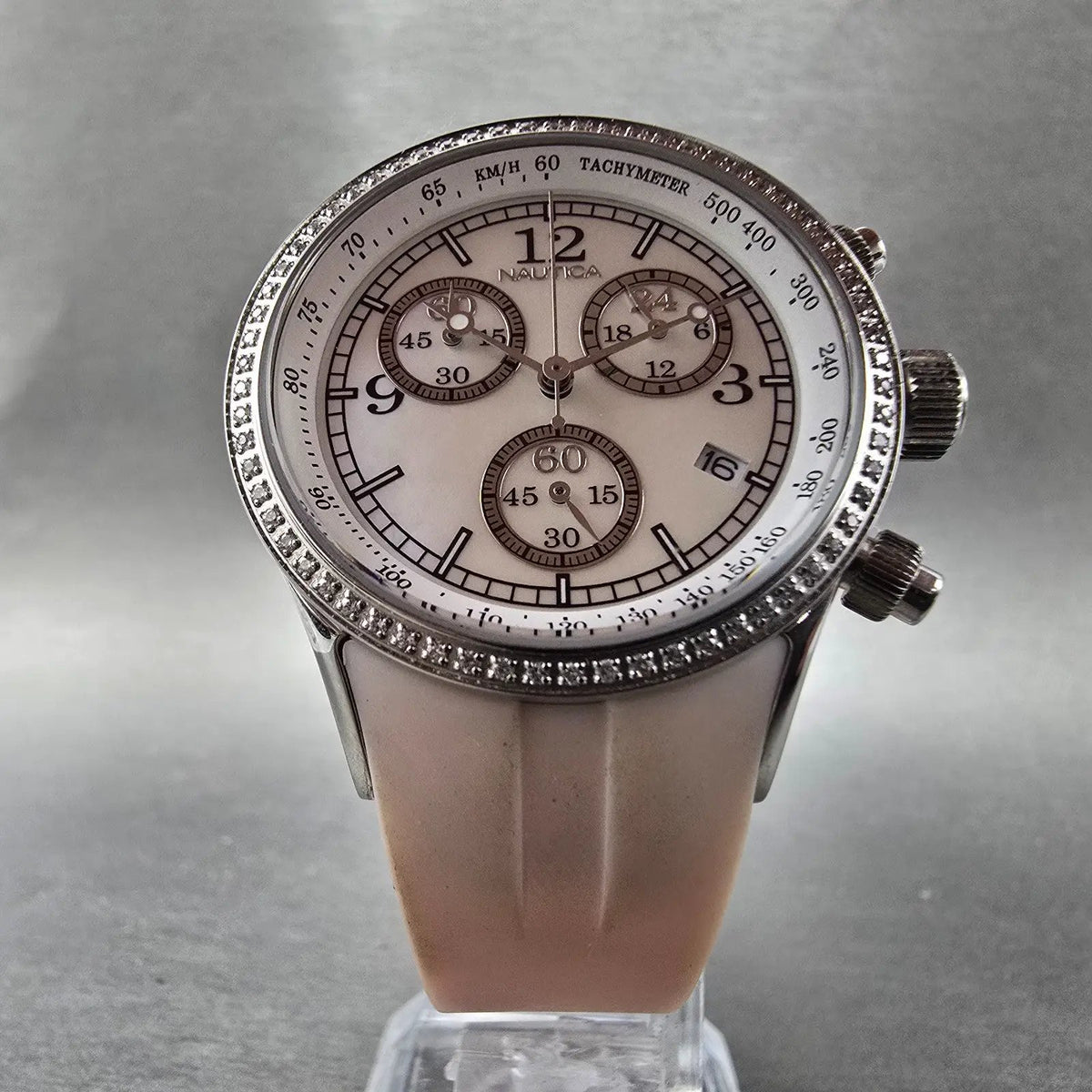 Nautica Chronograph Watch Women 35mm MOP Dial Steel Diamond Bezel New Battery K5