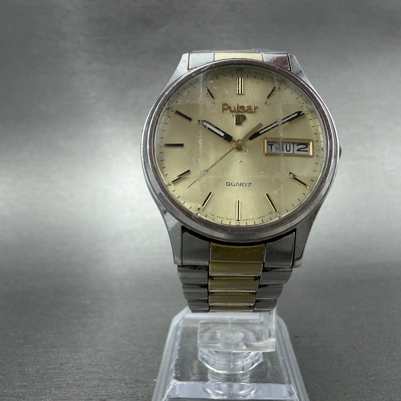 Seiko Pulsar Watch Men 34mm Champagne Dial Two Tone Daydate Y148-6009 NewBattery5