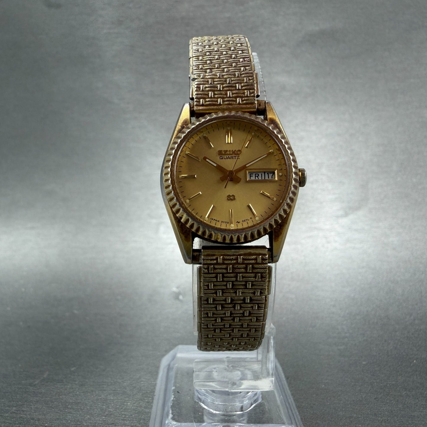 Seiko SQ Watch Women 24mm Gold Dial Gold Tone Daydate 3Y03-0169 New Battery VTG95