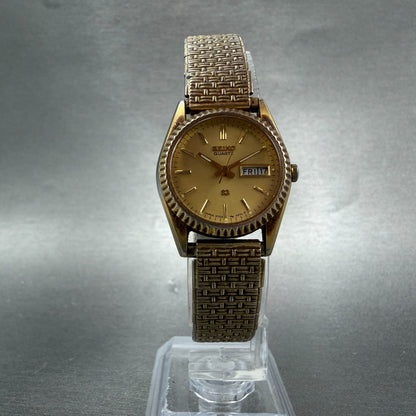 Seiko SQ Watch Women 24mm Gold Dial Gold Tone Daydate 3Y03-0169 New Battery VTG95