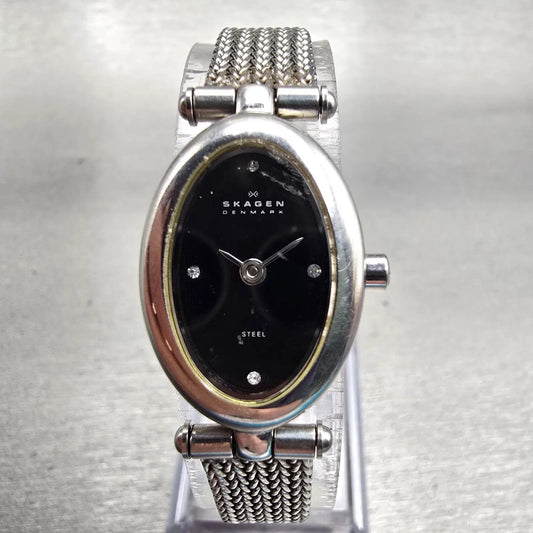 Skagen Watch Women 17mm Black Dial Silver Tone Oval 479SSSB New Battery0