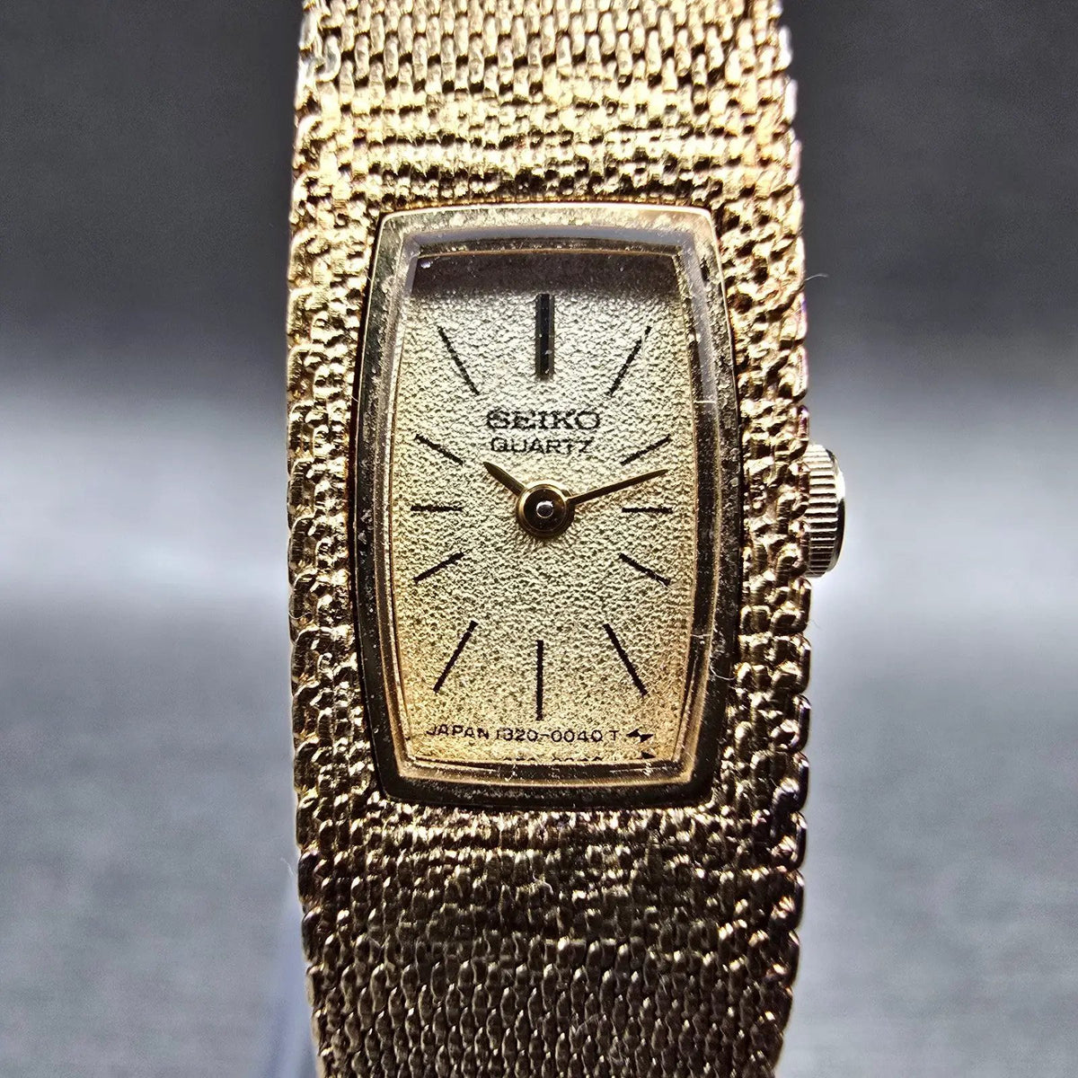 Seiko Tank Watch Women 12mm Gold Dial Gold Tone Rectangle 1320-5039 New Battery1