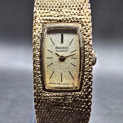 Seiko Tank Watch Women 12mm Gold Dial Gold Tone Rectangle 1320-5039 New Battery1