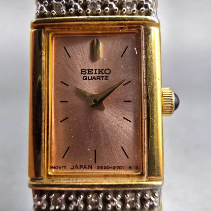 Seiko Watch Women 13mm Pink Dial Gold Tone Diamonds Rectangle 2E20-7191 New Batt1