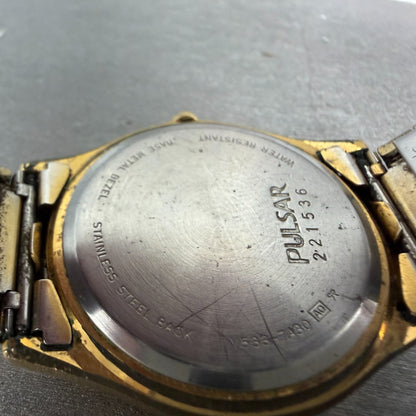 Pulsar Watch Men 34mm Champagne Dial Gold Tone Daydate Round V533-7a30 New Batt9