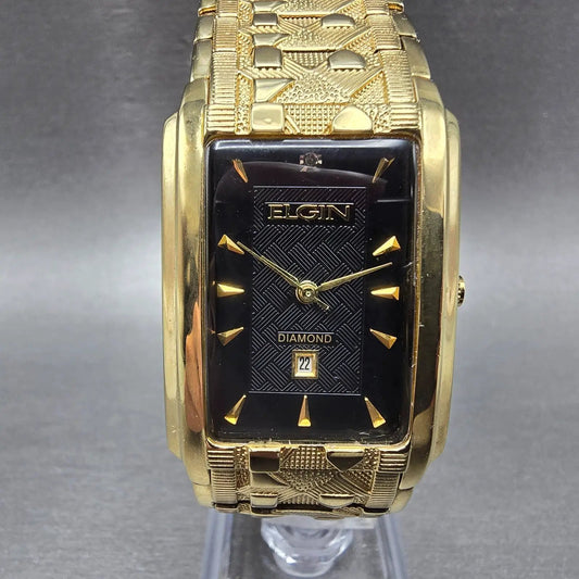 Elgin Tank Watch Men 28mm Black Dial Gold Tone Rectangle FG8014 New Battery0