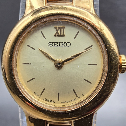 Seiko Watch Women 19mm Champagne Dial Gold Tone Round V400-1130 New Battery VTG1