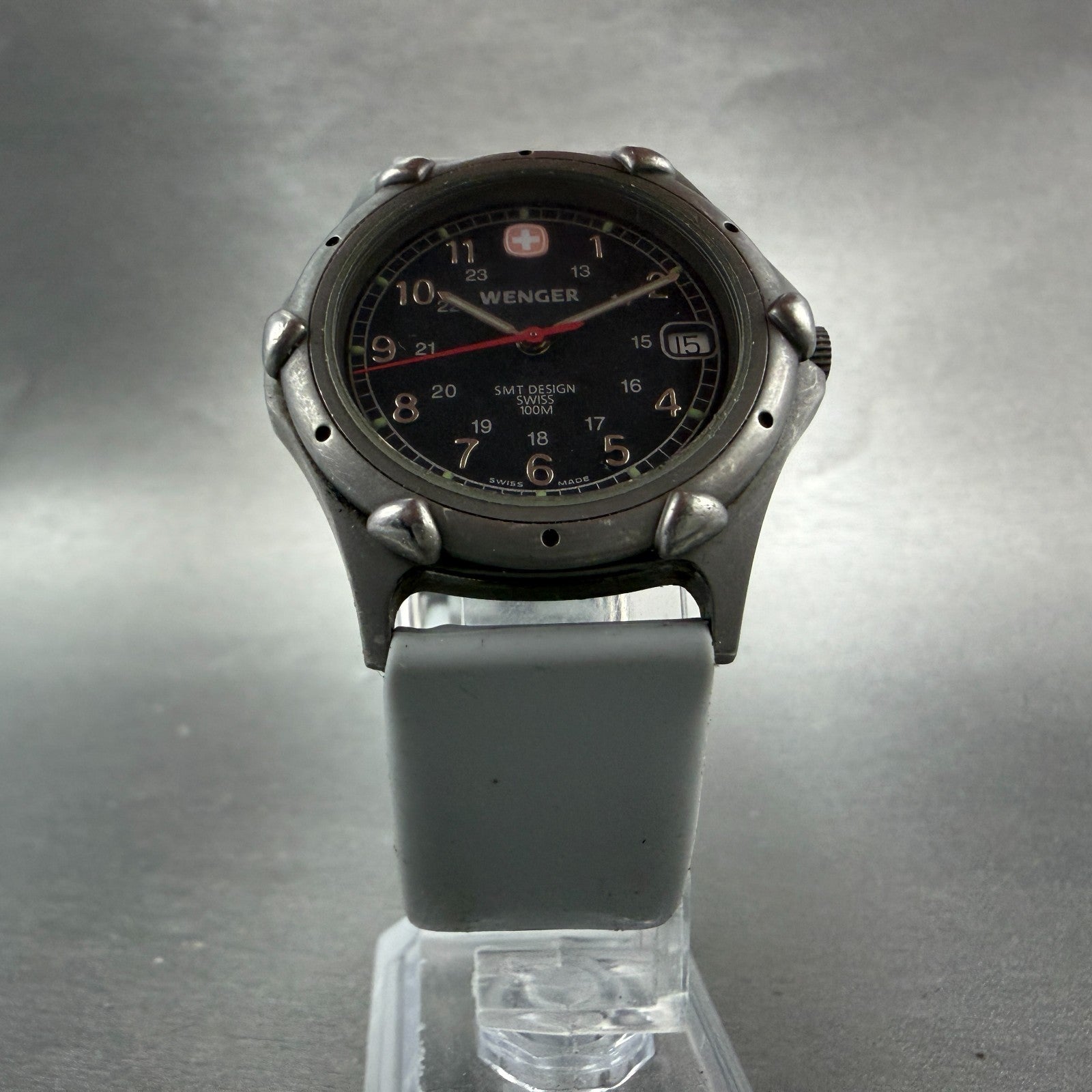 Wenger SMT Watch Men 35mm Black Dial Steel Date Round 095.0695 New Battery5