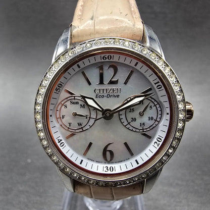 Eco-Drive Silhouette Crystal Watch Women 32mm MOP Dial Steel Daydate Round Works0