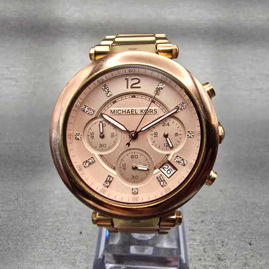Michael Kors Parker Watch Women 39mm Pink Dial Rose Gold Chrono MK5277 New Batt0