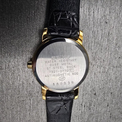 Seiko Exceline Watch Women 22mm Black Dial Gold Tone Round 7321-0770 New Battery10