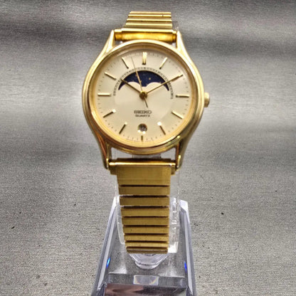 Seiko Moon Phase Watch Women 25mm Cream Dial Gold Tone Date 4K24-0019 New Batt5