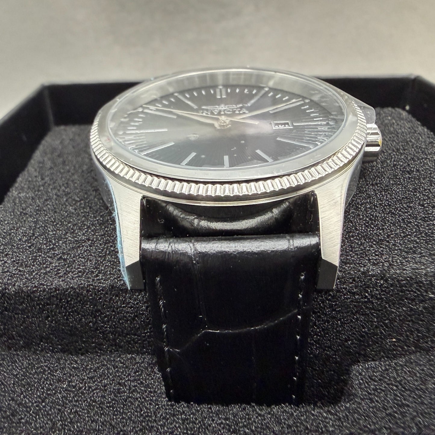 Invicta Celestial Watch Men 43mm Black Dial Silver Date Round Leather 478162