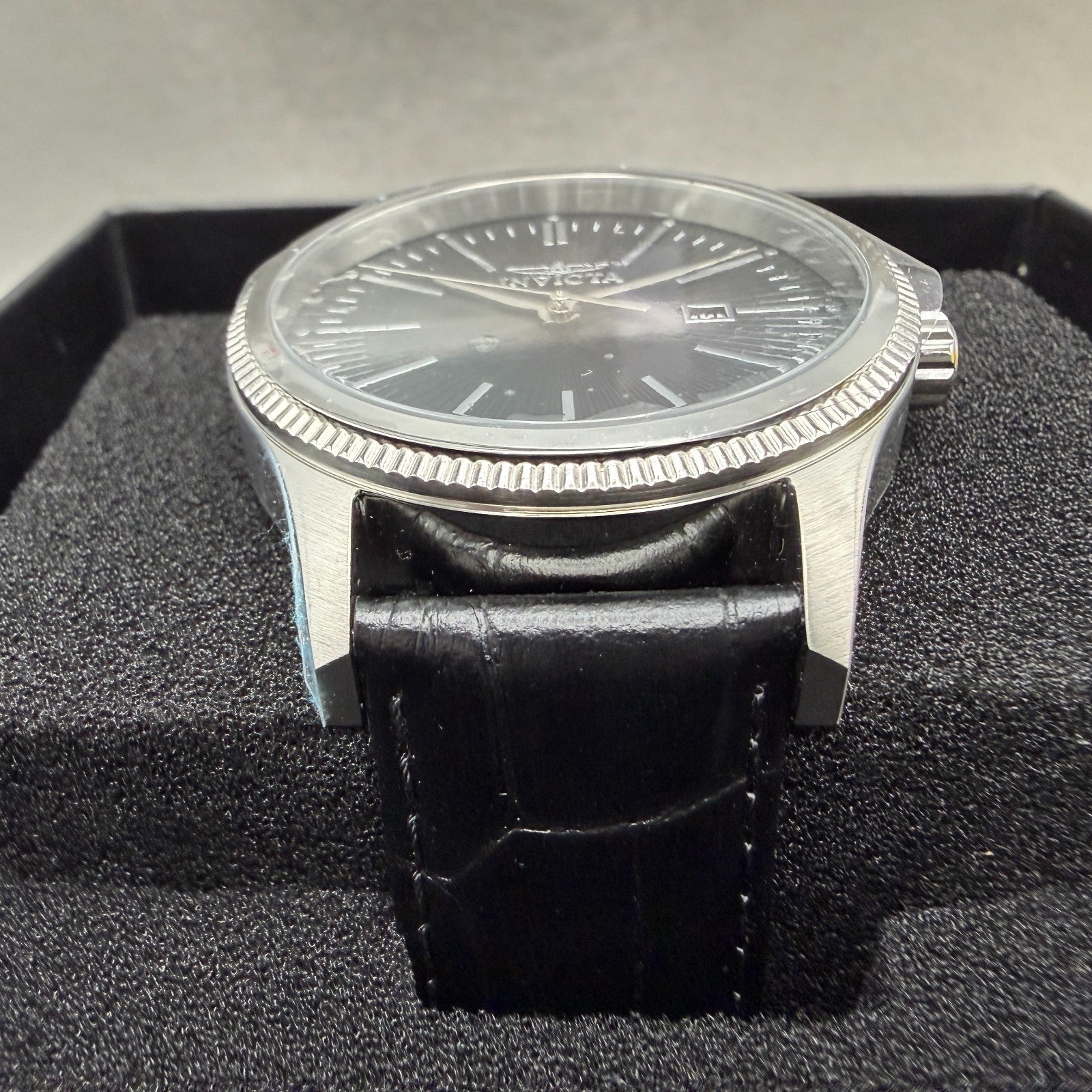 Invicta Celestial Watch Men 43mm Black Dial Silver Date Round Leather 478162