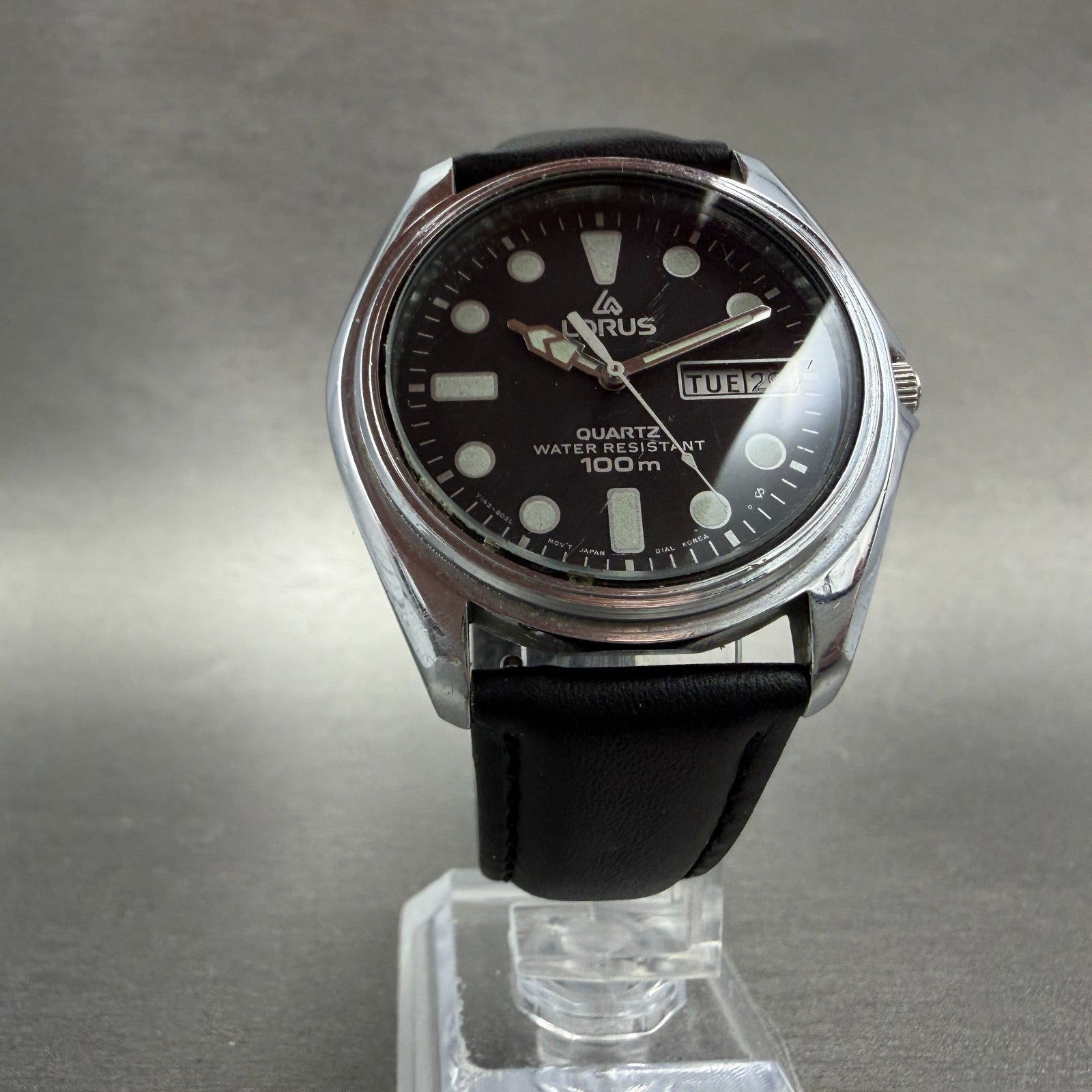 Seiko Lorus Watch Men 37mm Black Dial Silver Tone Daydate Y143-8040 New Battery5
