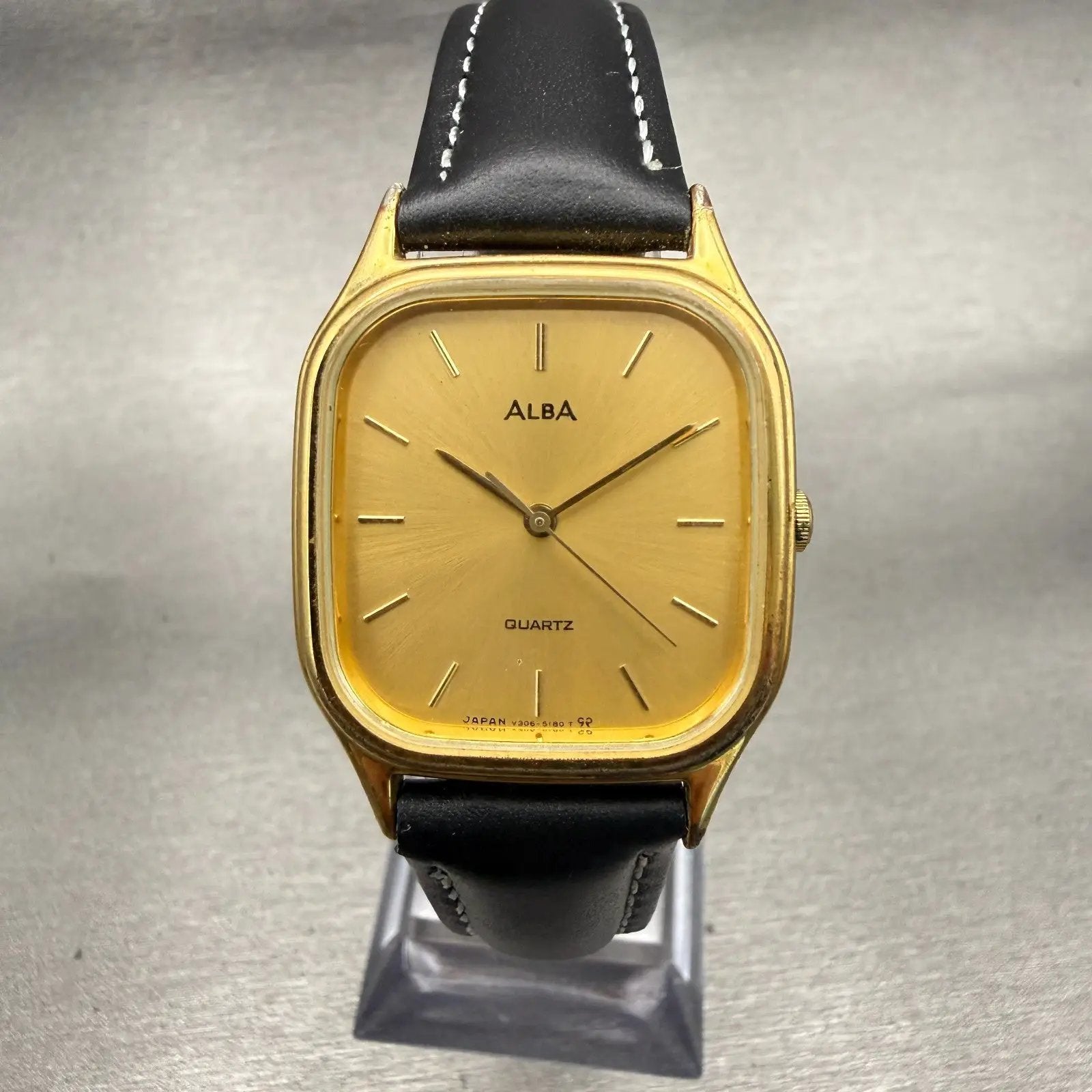 Seiko Alba Watch Men 28mm Gold Dial Gold Tone Rectangle V306-5140 New Battery0