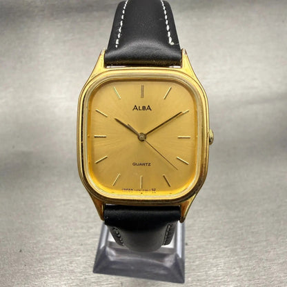 Seiko Alba Watch Men 28mm Gold Dial Gold Tone Rectangle V306-5140 New Battery0