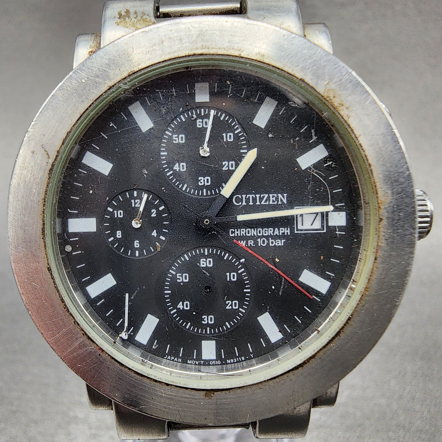 Citizen Chronograph Watch Men 37mm Black Dial Steel Date Round 0510S75438 PARTS2