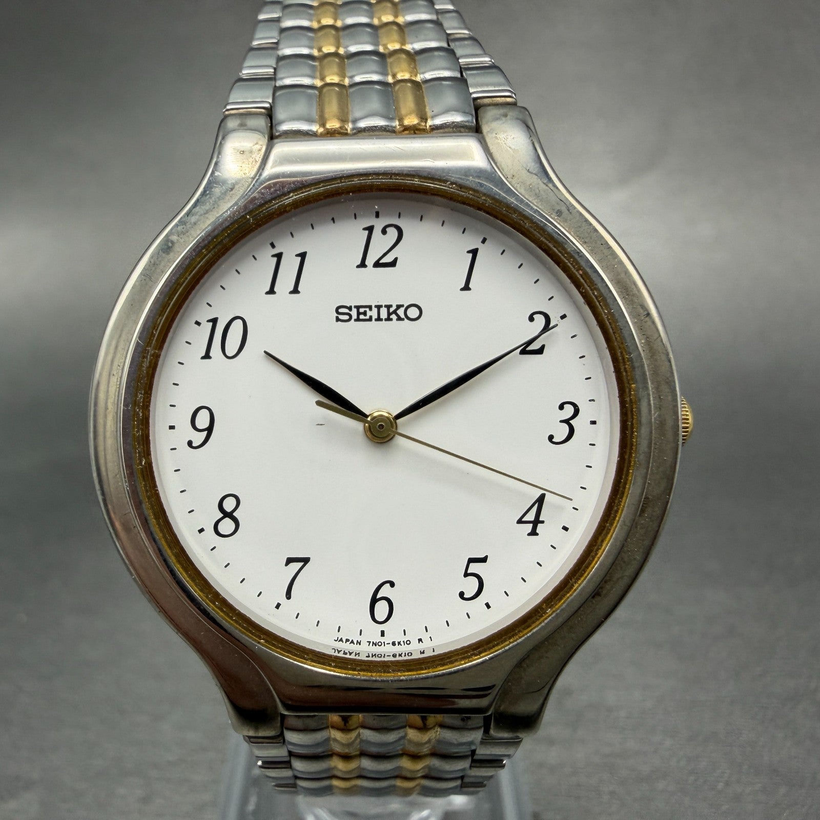 Seiko Watch Men 34mm White Dial Two Tone Round 7N01-6G90 New Battery Vintage0