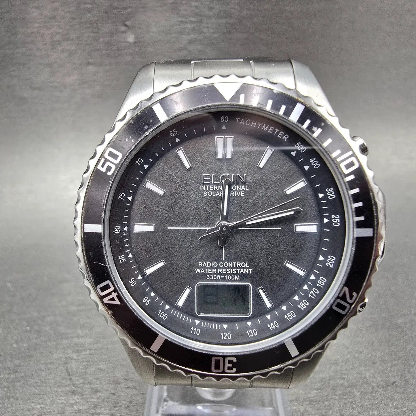 Elgin Dive Watch Men 44mm Black Dial Steel Atomic Solar Analog Digital Runs READ0