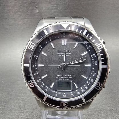 Elgin Dive Watch Men 44mm Black Dial Steel Atomic Solar Analog Digital Runs READ0