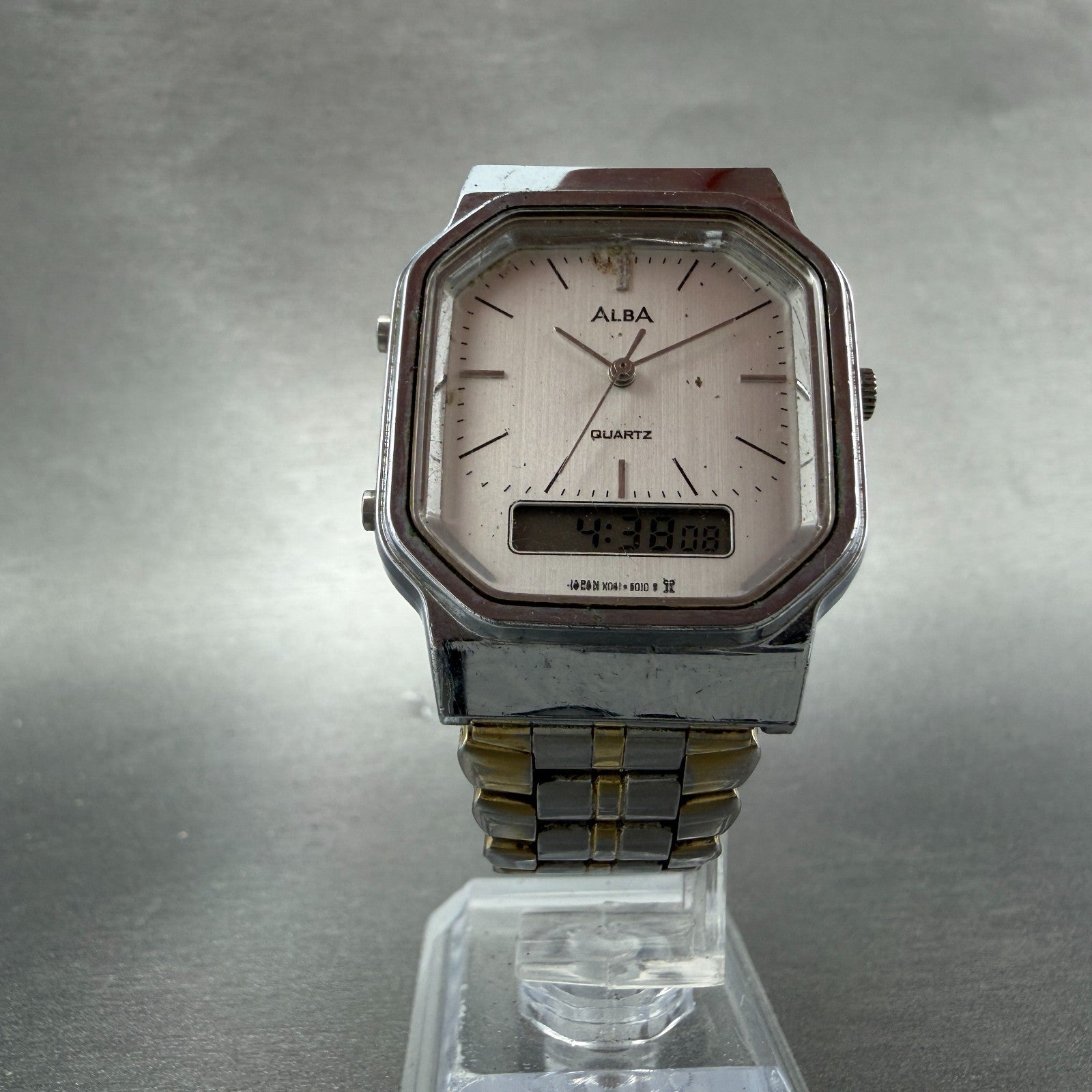 Seiko ALBA Watch Men 32mm Silver Dial Two Tone Analog Digital Alarm Chron NewBat5