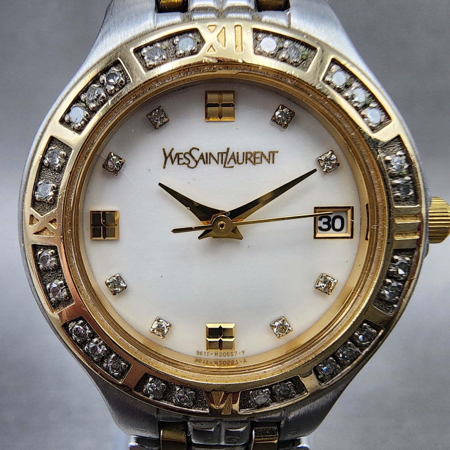 Yves Saint Laurent Watch Women 25mm MOP Dial Two Tone Diamond Bezel New Battery1