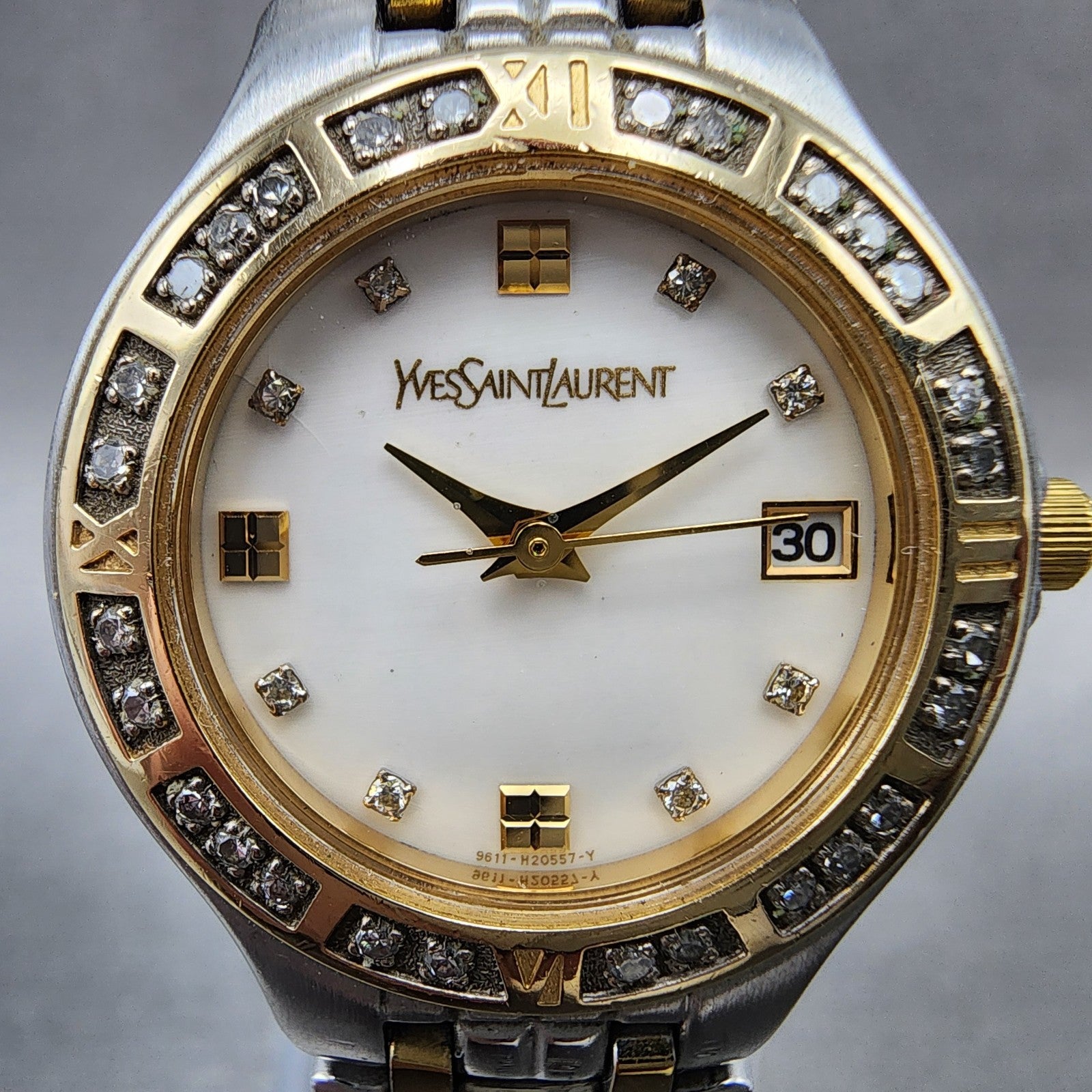 Yves Saint Laurent Watch Women 25mm MOP Dial Two Tone Diamond Bezel New Battery1