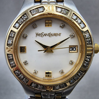Yves Saint Laurent Watch Women 25mm MOP Dial Two Tone Diamond Bezel New Battery1
