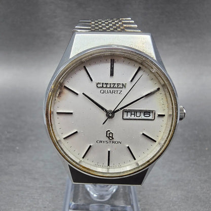 Citizen Crystron Watch Men 34mm White Dial Steel Daydate CQ 4-850904K PARTS0