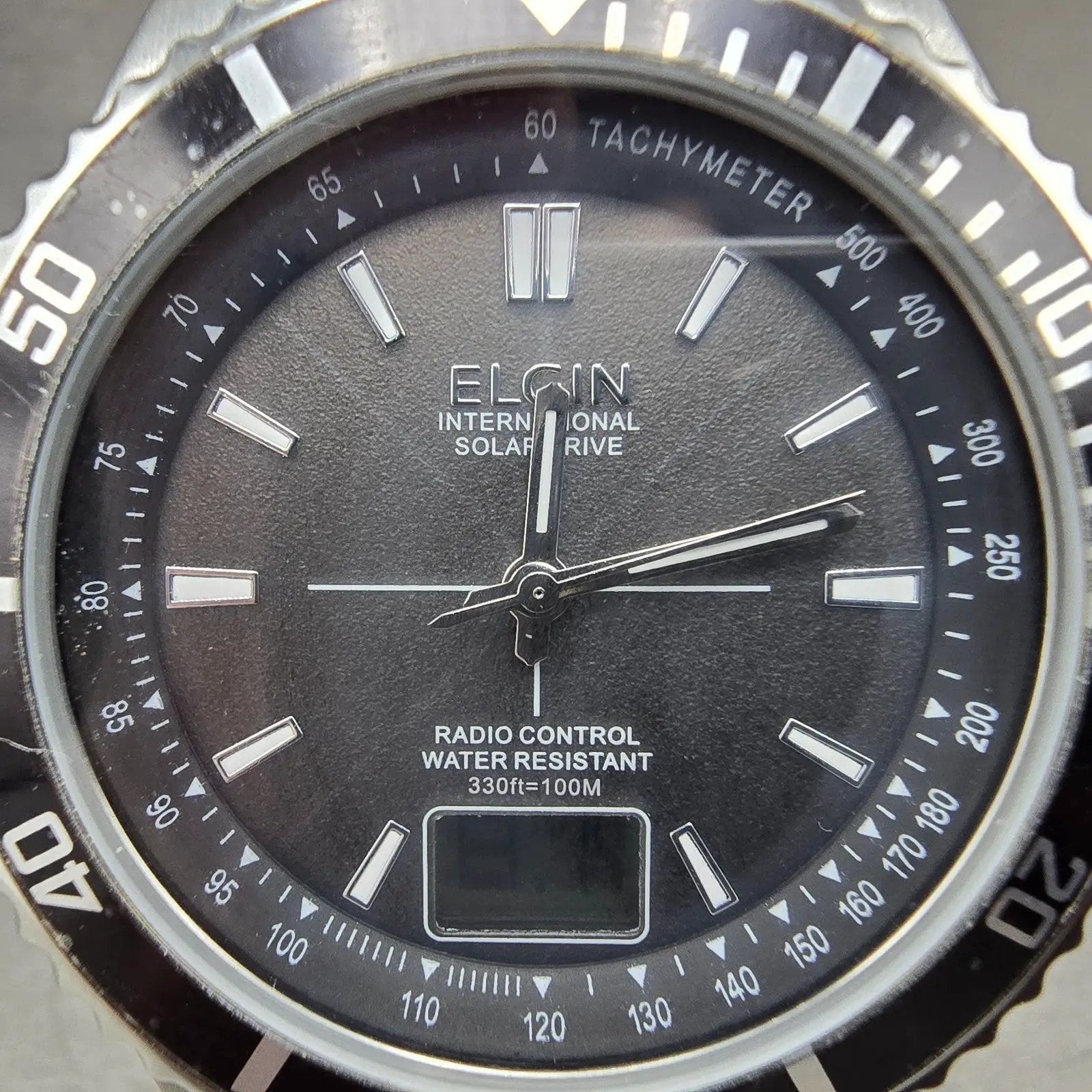 Elgin Dive Watch Men 44mm Black Dial Steel Atomic Solar Analog Digital Runs READ2