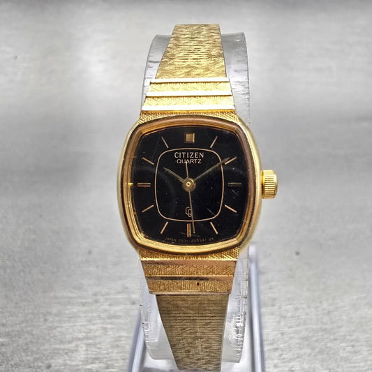 Citizen CQ Watch Women 16mm Black Dial Gold Tone Rectangle 2951-293789 New Batt0