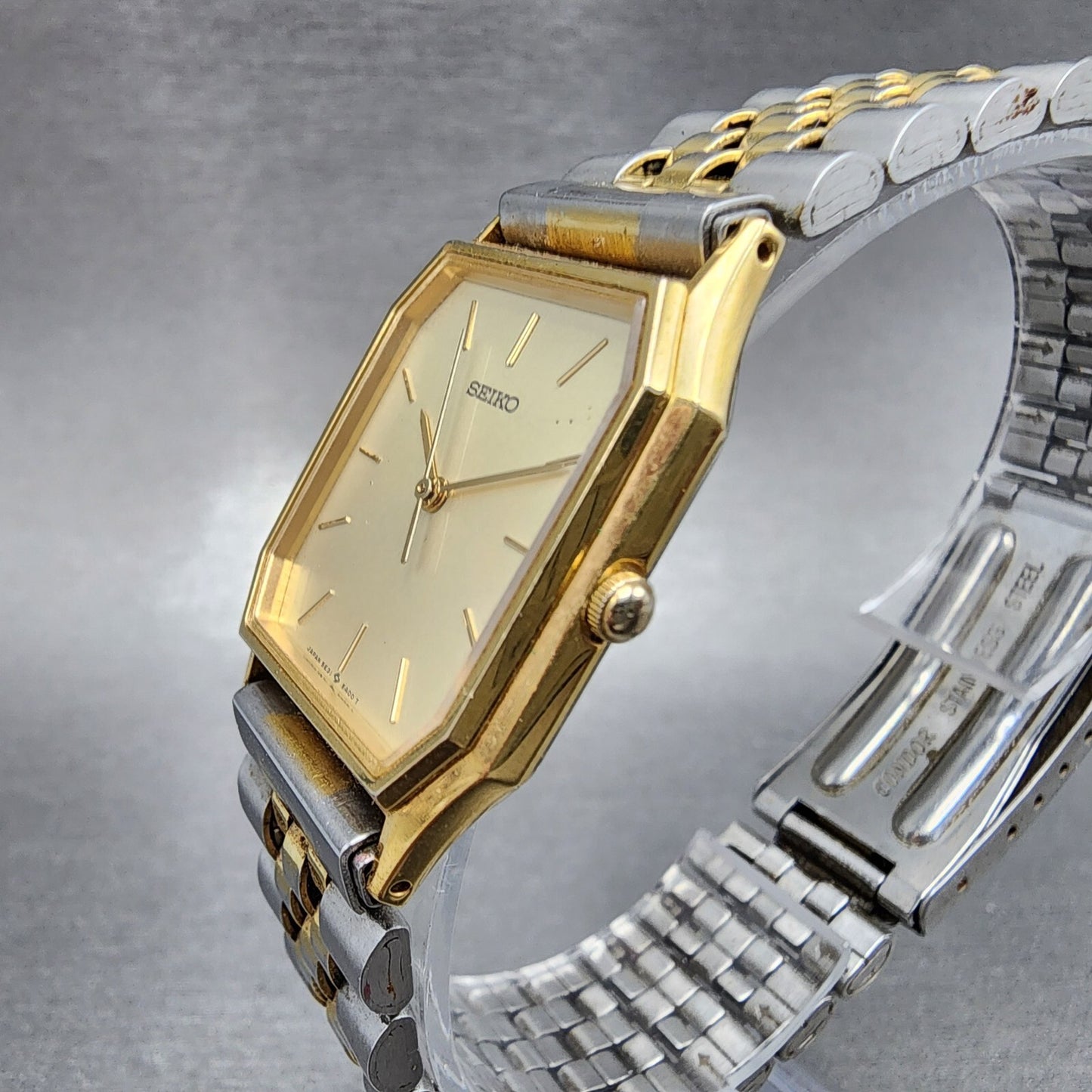 Seiko Tank Watch Men 25mm Champagne Dial Twotone Rectangle 5e315a00 New Battery2