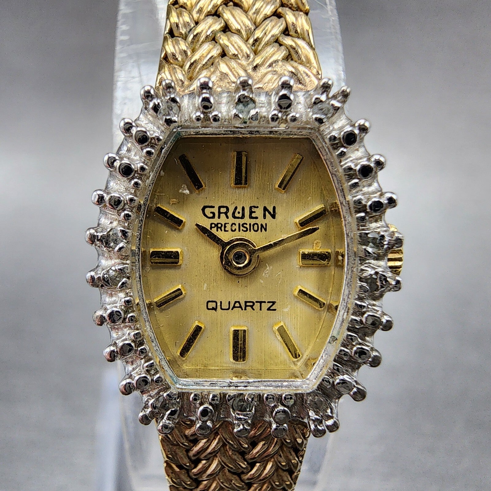 Gruen Precision Watch Women 14mm Gold Dial Gold Tone Diamond Bezel New Battery1