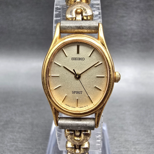 Seiko Spirit Watch Women 20mm Champagne Dial Gold Tone Oval 4N21-5200 New Batt0