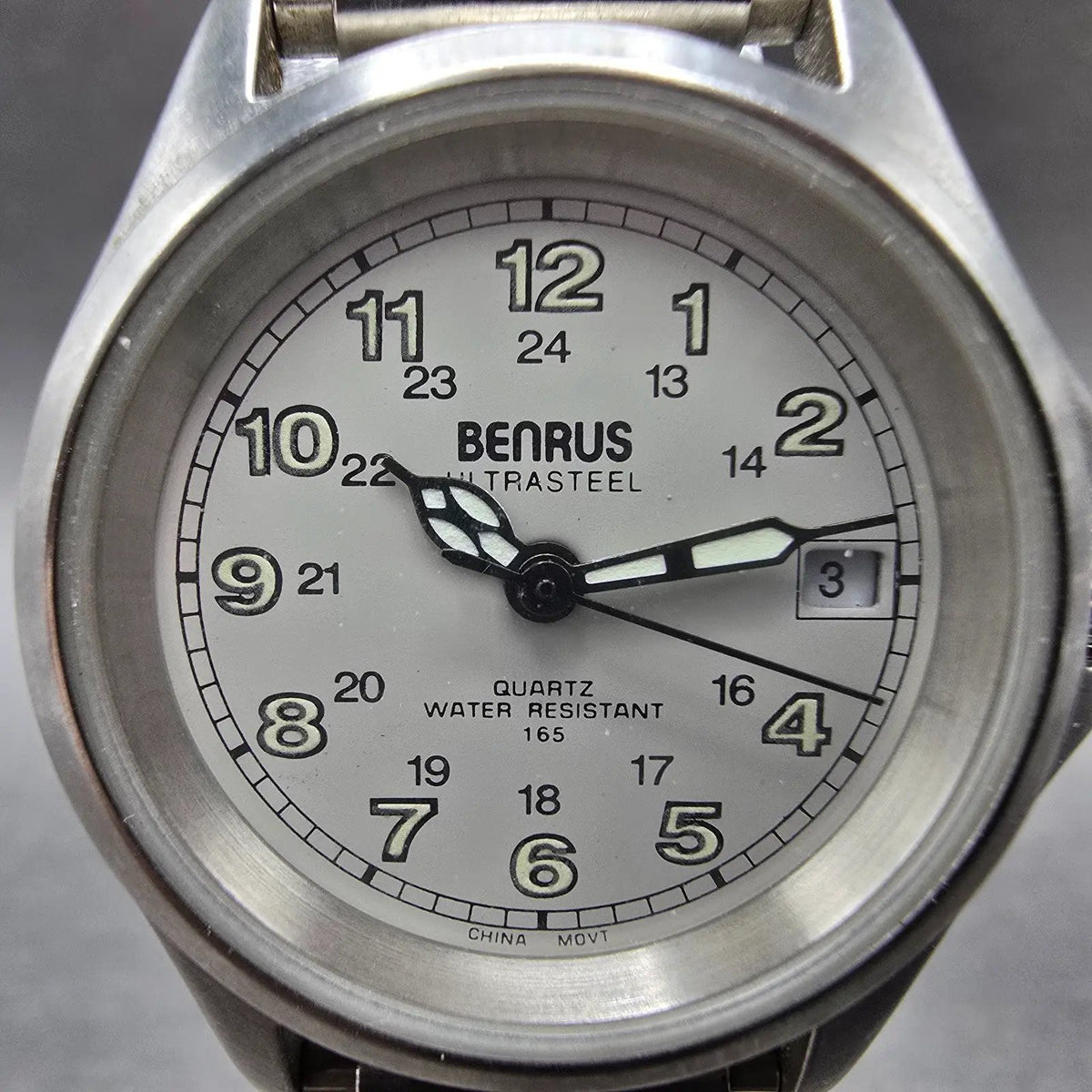 Benrus Watch Women 27mm Gray Dial Steel Date Round Military New Battery1